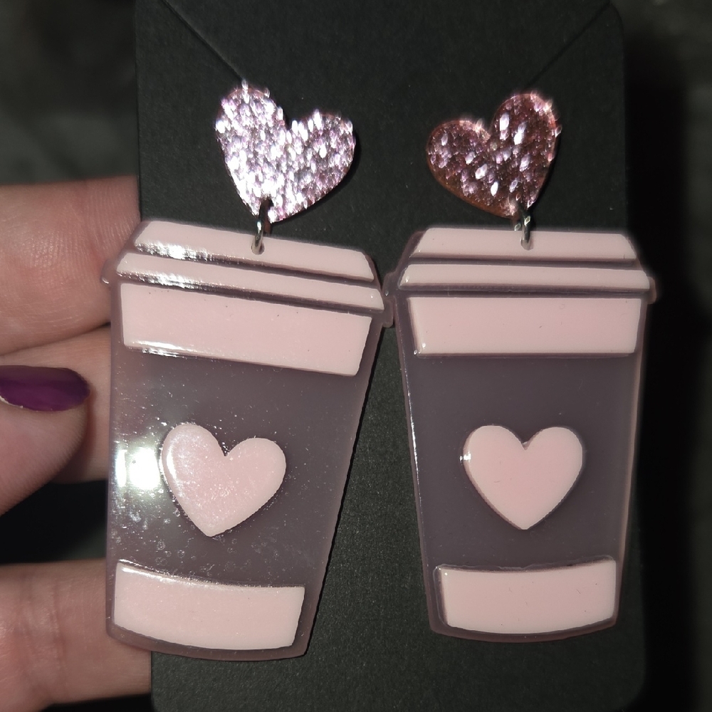 Pink Heart Coffee Cup Earrings